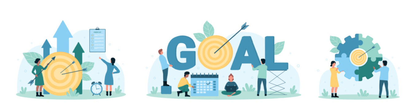 Team goal, management strategy set vector illustration. Cartoon tiny people plan progress in business challenge and career, characters holding arrows, puzzle circle target and calendar for teamwork