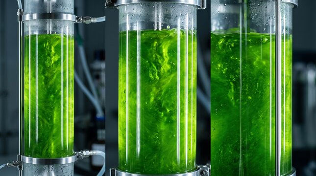 Green microalgae swirl inside photobioreactor vessels, highlighting microalgae technology. Chlorella culture fills clear cylindrical tanks with metal fittings, tubing and visible bubbles.