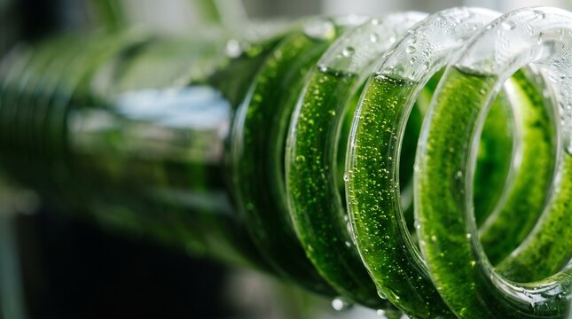Green microalgae culture sits within clear photobioreactor tubes, dotted with fine bubbles. This close view highlights transparent tubing used in microalgae technology and controlled