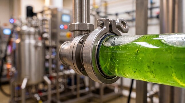 Photobioreactor piping holds green microalgae culture behind stainless steel valve. Transparent tubing and industrial fittings show microalgae cultivation technology in laboratory.