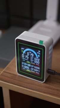 Digital air quality monitor measures indoor pollution on a desk in clear close-up. The electronic sensor screen displays real-time environmental data for smart indoor climate control.