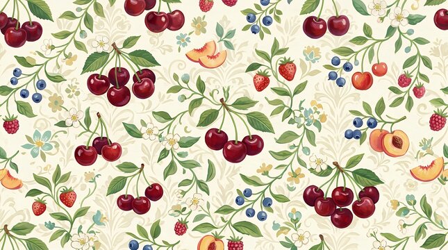charming seamless botanical surface design featuring delicious ripe summer cherries and sweet organic fruits scattered across a vibrant decorative background wallpaper pattern cherry fruit pattern