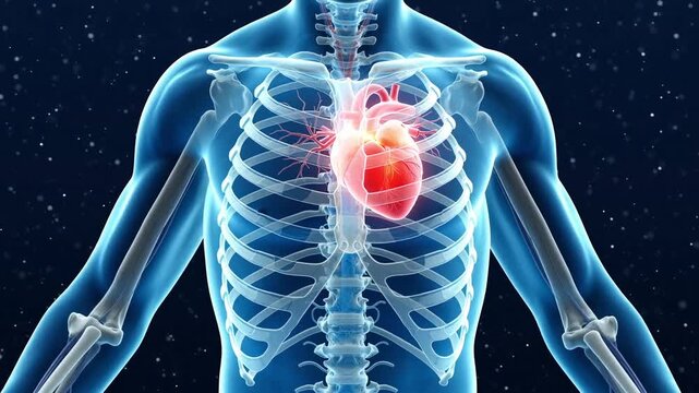Futuristic 3d visualization of human skeleton torso with glowing red beating heart inside rib cage