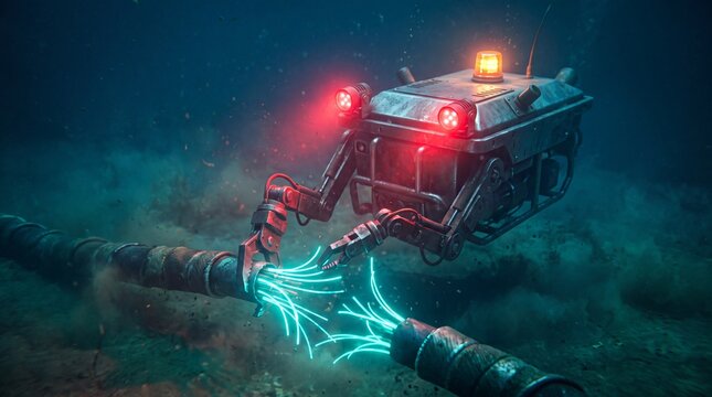 Underwater robot cutting fiber optic cable with glowing light in deep