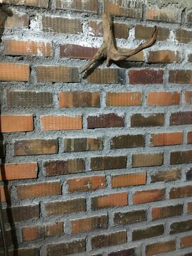 Rustic loft style red brick wall with cement mortar texture and a small decorative dry branch background
