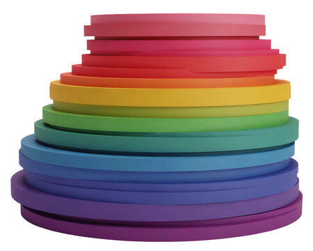 A vertical stack of circular foam discs in a rainbow color gradient, arranged from smallest at the to largest at the base, viewed from the side isolated on a transparent background