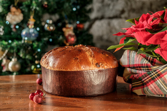 Panettone Christmas cake with poinsettia beside a decorated tree on a rustic wooden table