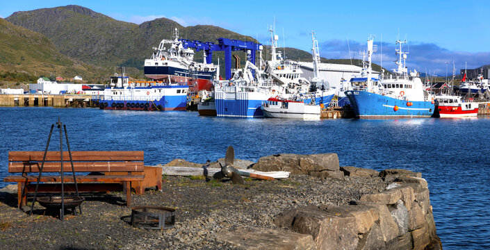 Fishing vessels and shipyard in the harbor of Ballstad in the Lofoten Islands, Norway