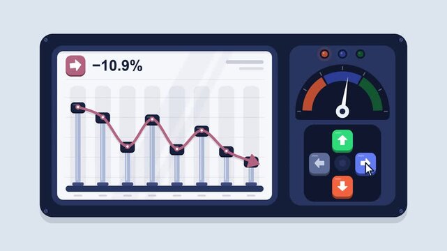 Financial growth and decline dashboard control panel animation, mouse cursor presses up down next arrow buttons, piston bar chart and gauge needle react, 2D loop