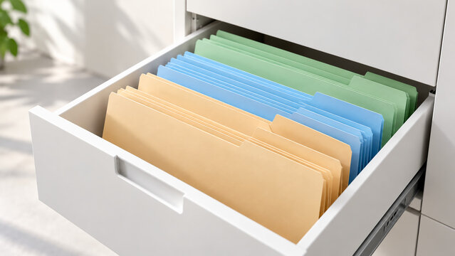 Open white office filing cabinet drawer filled with organized colorful hanging folders