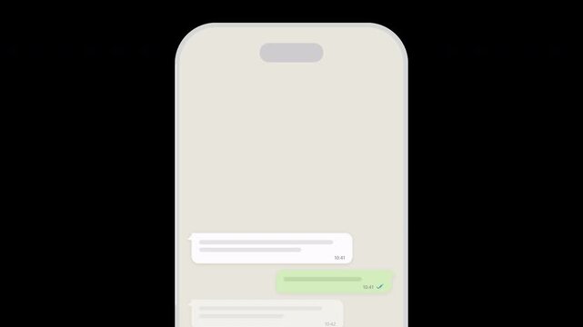 Mobile texting animation with chat bubbles appearing one by one and scrolling up inside a smartphone screen, clean messenger conversation UI, transparent background alpha overlay 4K