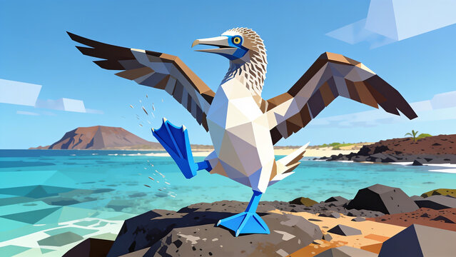Blue footed booby standing on rocky shore by ocean