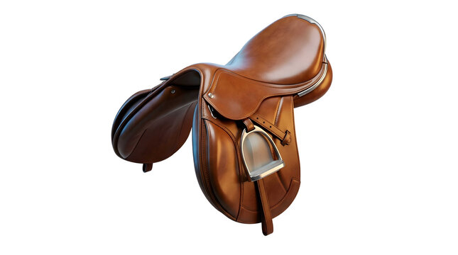 Elegant leather saddle with intricate brass fittings against a pristine backdrop, epitomizing luxury equestrian couture, perfect for high-fashion editorials, bespoke tack design, and cinematic