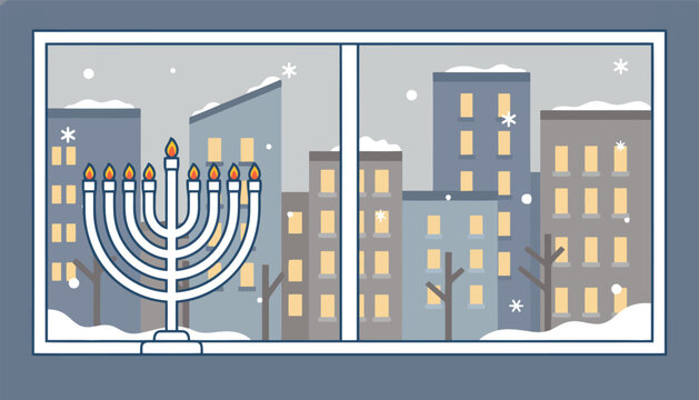 Silver menorah with lit candles sitting on a window sill overlooking a snowy urban city skyline at night.