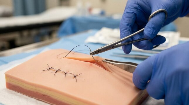 Surgical trainee practising wound suturing with needle holder on a synthetic skin pad