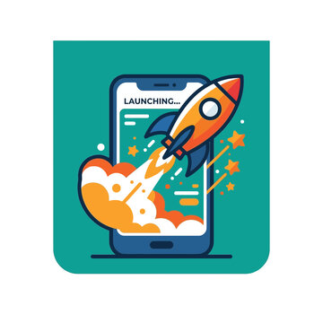 Illustration of a rocket launching from a smartphone screen.
