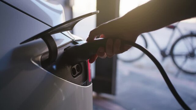Person plugs charging cable into electric vehicle in garage. Selective focus highlights the charger connector as soft outdoor daylight illuminates the background space.