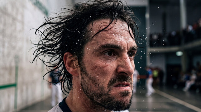 Intense Basque pelota player portrait with sweat spray at fronton court