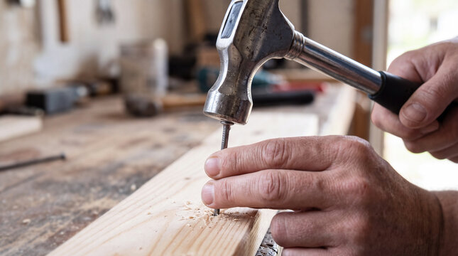 Carpenter using hammer and nail on wooden board in workshop setting