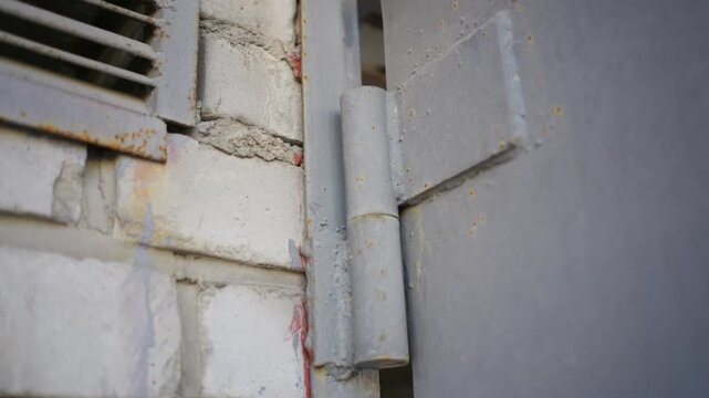 Heavy metal gate hinge attaches to painted brick wall in industrial yard. Static close-up framing shows weathered paint and rough textured surfaces under diffuse daylight.