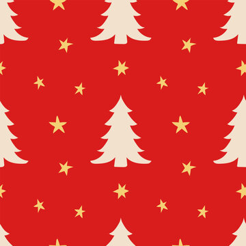 Hand drawn Christmas tree and star seamless pattern vector background. Flat red folk naive repeat texture for holiday wrapping paper, winter fabric and festive packaging.