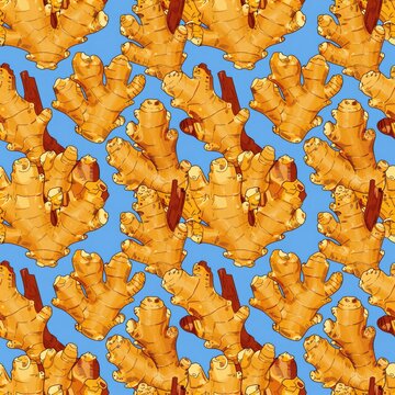 Seamless pattern of hand-drawn ginger root illustrations on a blue background, ideal for culinary and natural product designs.