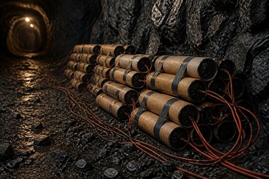 Stacked dynamite charges wired in rocky mine tunnel awaiting detonation