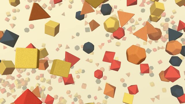 Matte ceramic platonic solids floating and spinning in warm cream space, seamless 3D geometric background loop