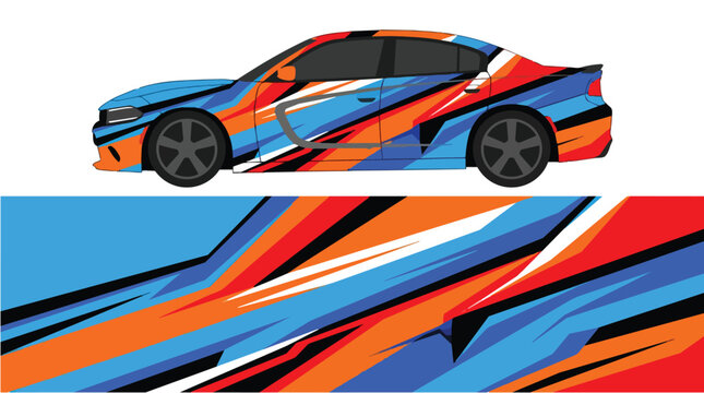 Car Wrap Design with Dynamic Racing Livery in Blue Orange Black