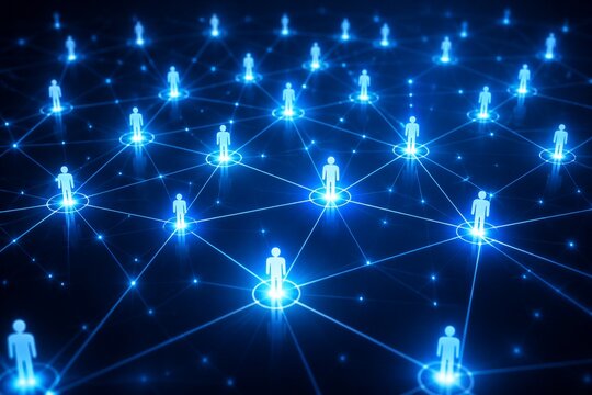 Human icon network connected across glowing blue digital grid