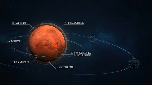 Educational infographic illustration of the planet Mars with descriptive labels and orbital path diagrams