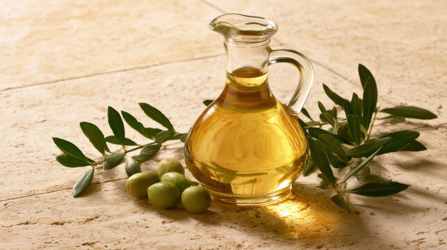 A glass cruet holds olive oil beside green olives and olive branches on a stone surface, arranged for a food still life in soft daylight