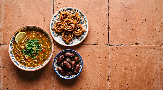 Moroccan harira soup with chebakia cookies and dates for Ramadan iftar top view with copy space