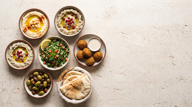 Middle Eastern mezze spread with hummus, baba ganoush, tabbouleh, falafel, olives and pita top view with copy space