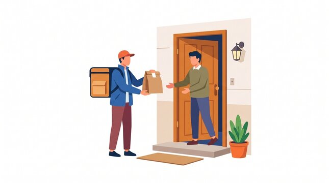 Delivery person handing over a food package to a customer at the door