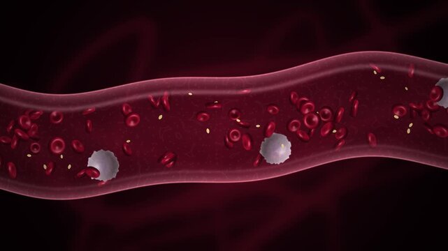 Red blood cells tumbling through a translucent 3D vein while white blood cells pass by, microscopic medical animation, 4K loop