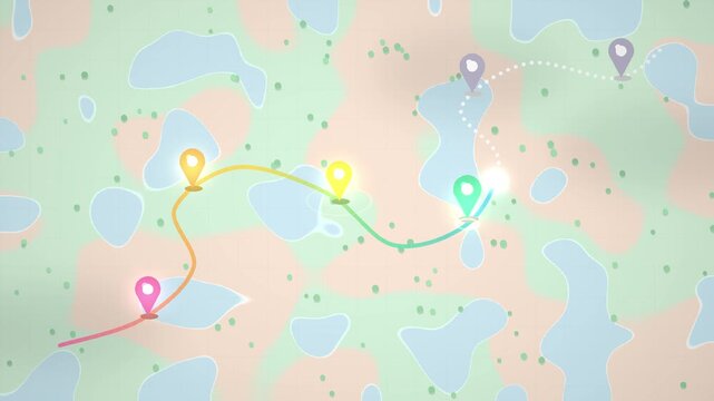 Animated customer journey path winding across a pastel map with milestone pins lighting up one by one, no text, 4K