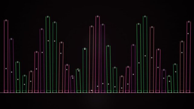 Colorful digital equalizer bars bounce on a black background in a seamless loop.