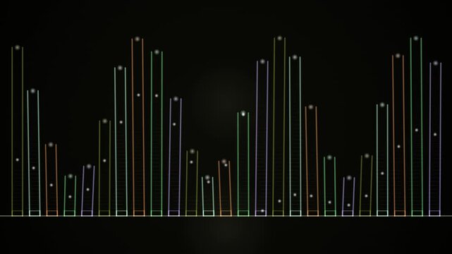 Colorful digital audio equalizer bars pulse against a black background in a seamless loop.