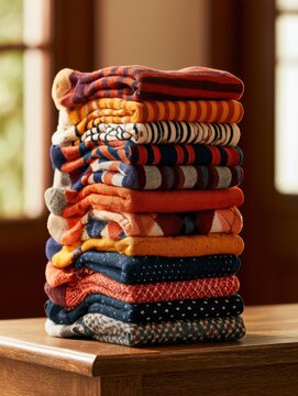 Ten pairs of colorful socks in different designs are folded neatly and arranged on a wooden surface, lit by soft natural light.