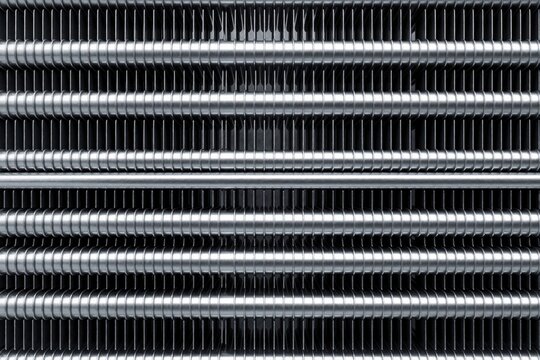 Close up of industrial heat exchanger with metal fins, tubes. Metallic radiator texture shows ribbed aluminum structure for cooling heating systems. Detailed view of silver pipes, finned surface used