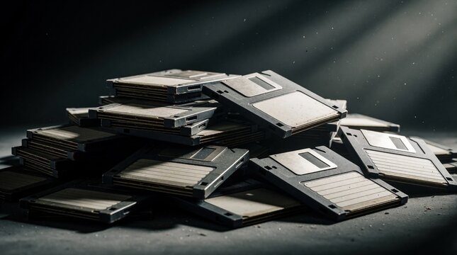 Pile of old vintage floppy disks on dark surface. Retro computer storage media stack with dusty texture. Obsolete data tech hardware from past decades. Nostalgic digital memory concept with dramatic