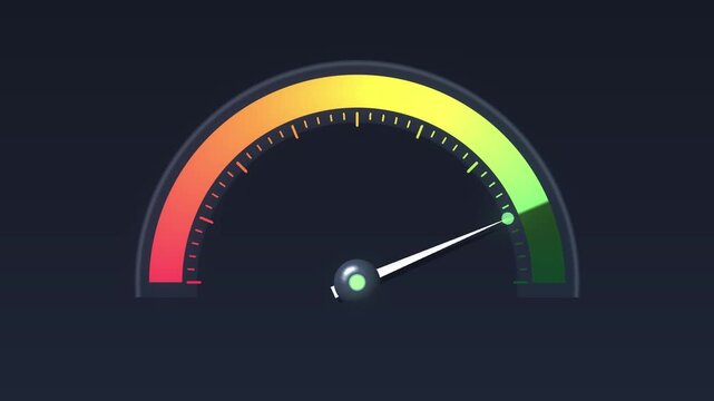 Semi-circular gauge dial needle sweeping from red to green with a soft glow, performance meter concept, no numbers, 4K