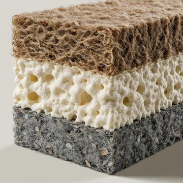 Close up view of multilayer construction insulation material. Cross section shows different layers of thermal foam, natural fiber, grey composite. Building materials used for home energy efficiency,