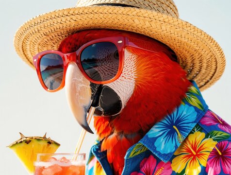 Funny red macaw parrot wears straw hat, red sunglasses. Tropical bird dressed in floral Hawaiian shirt holds cocktail drink with straw in beak. Colorful exotic parrot enjoys summer vacation on sunny