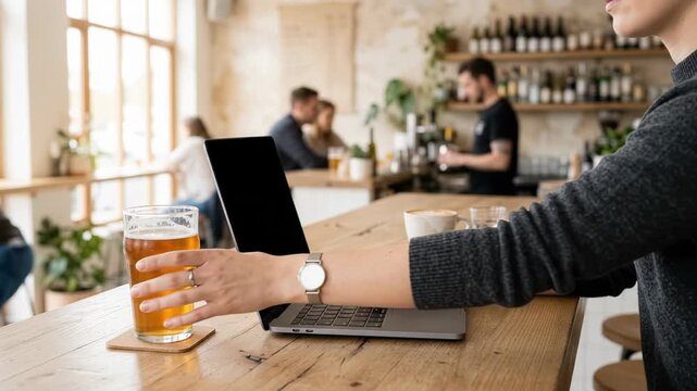 Person working on laptop with beer at wooden cafe table. Remote work, casual coworking and relaxed productivity in bright coffee shop