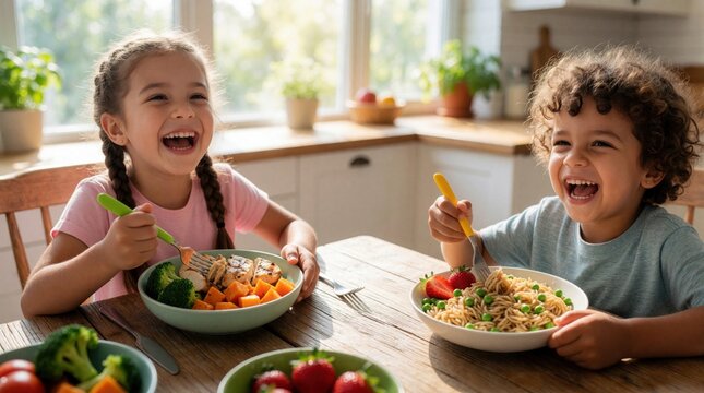 Happy diverse kids eat healthy meal at wooden table in bright kitchen. Boy, girl laugh enjoying tasty food like pasta, broccoli, vegetables. Joyful children fun lunch time at home with organic