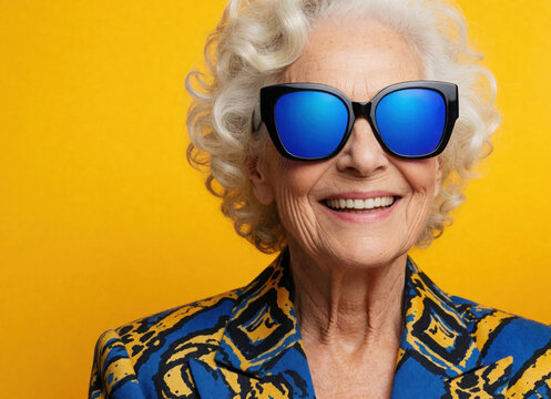 Confident elderly woman smiles wearing blue sunglasses, colorful patterned blazer. Stylish senior lady with white curly hair poses against bright yellow background. Empowered mature female model