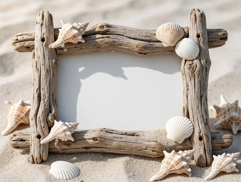 Rustic driftwood frame with various seashells on white sand beach. Natural wood border decorated with ocean shells for summer decor. Empty white space in middle for text. Coastal marine theme
