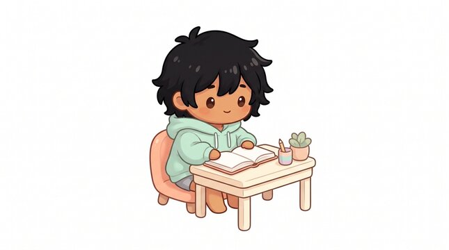 Cute Chibi Boy Sitting at Desk and Reading a Book Kawaii Cartoon Illustration